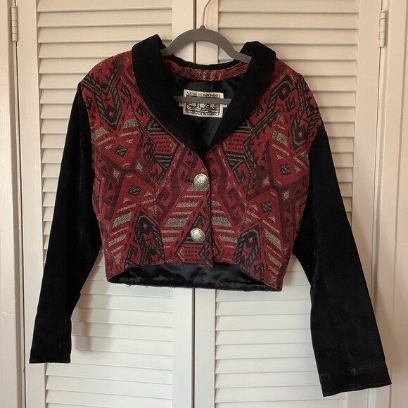 Vintage Native Components women's cropped jacket medium textile red black suede - Picture 1 of 7
